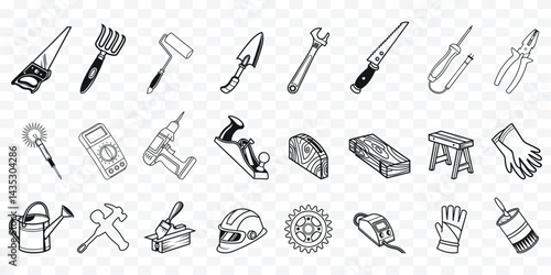 Workshop tool line icon set featuring saw, drill, wrench, trowel, pliers, helmet, gloves, and workbench, ideal for construction, repair, woodworking, and handyman service designs.
