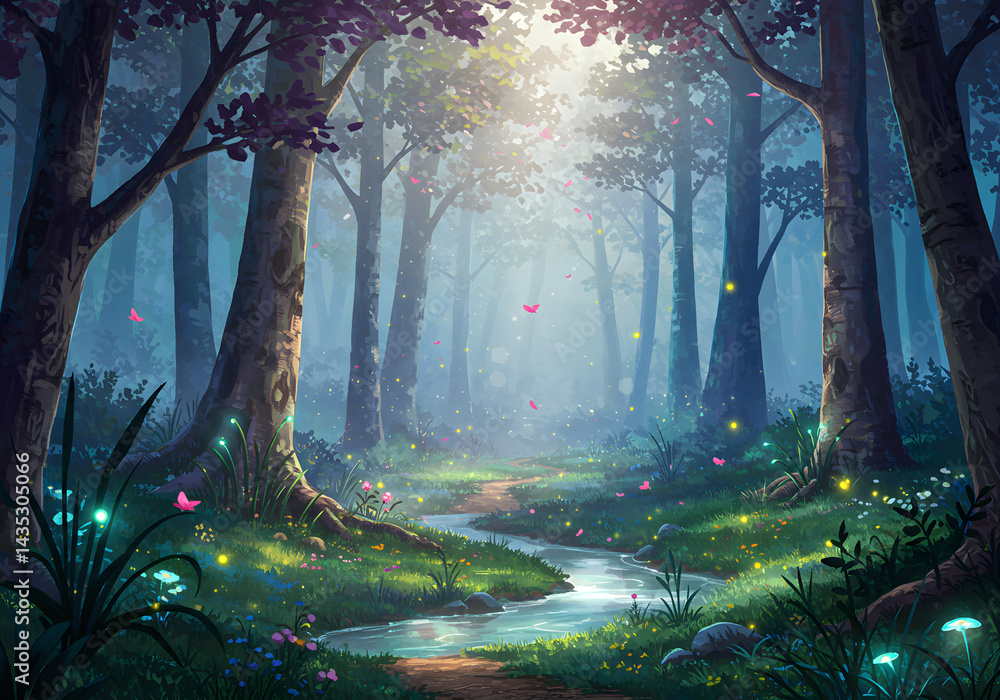 Obraz premium Enchanted Forest Path: Magical Stream and Glowing Flora