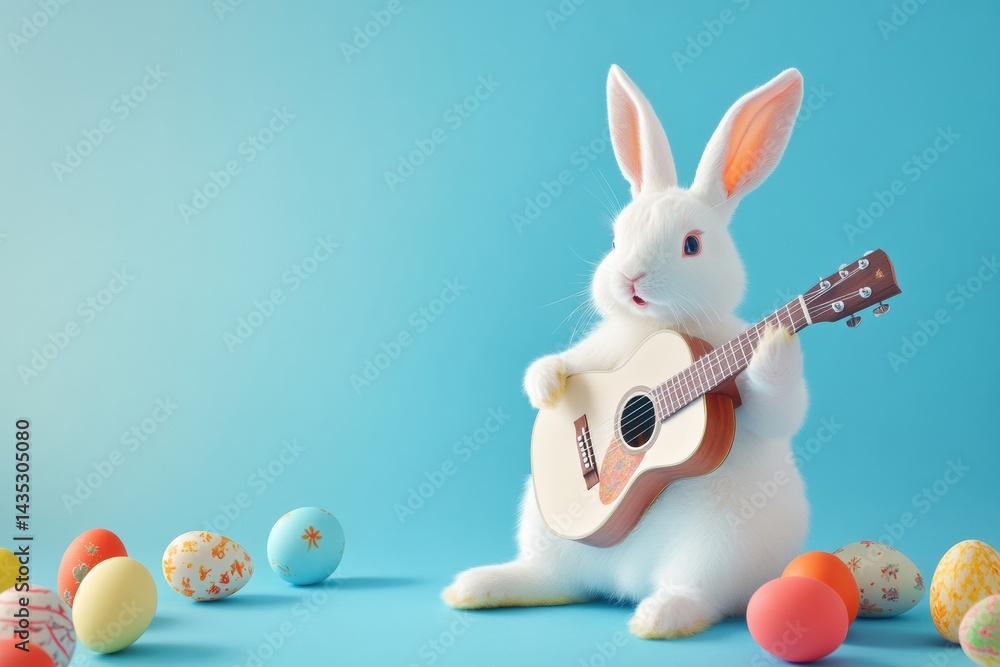 Easter bunny playing guitar among colorful eggs on blue background