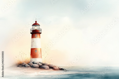A serene watercolor depiction of a lighthouse standing on rocky shores, surrounded by gentle waves and soft colors, evoking tranquility and coastal beauty.