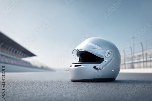 Sleek racing helmet rests on track, showcasing modern design and photo