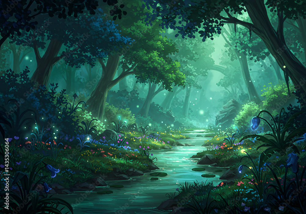 Obraz premium Enchanted Forest Stream: Magical Nature Background, Fantasy Art, Digital Painting