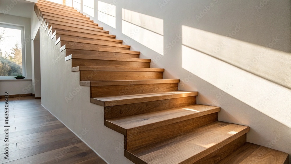 Obraz premium Sunlit Through the Window with Staircase Oak Treads Crisp Shadows on White Plaster Wall