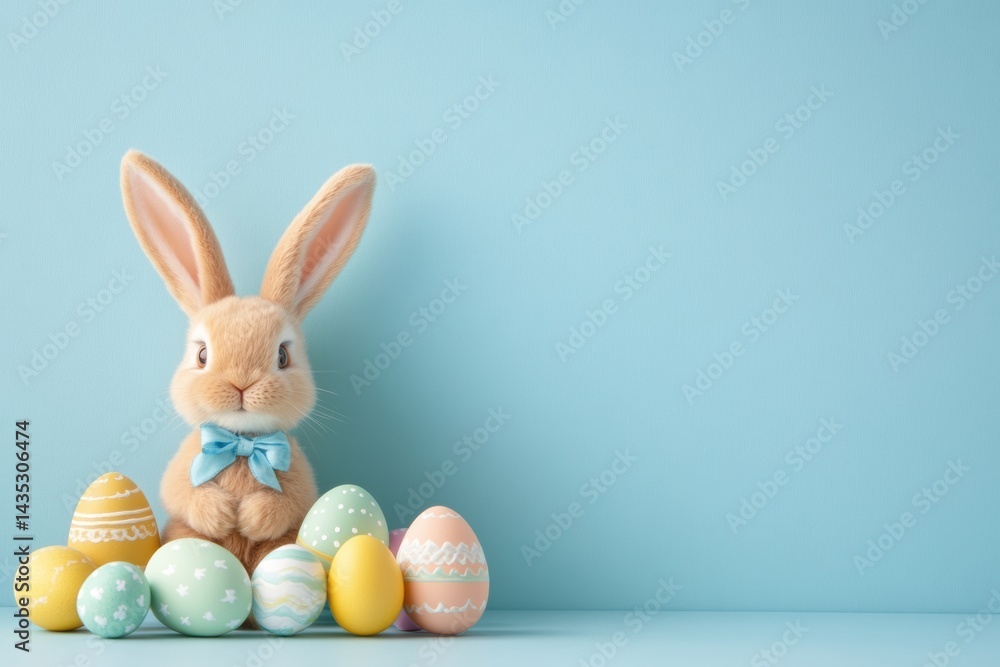 Cute easter bunny with colorful eggs on light blue background