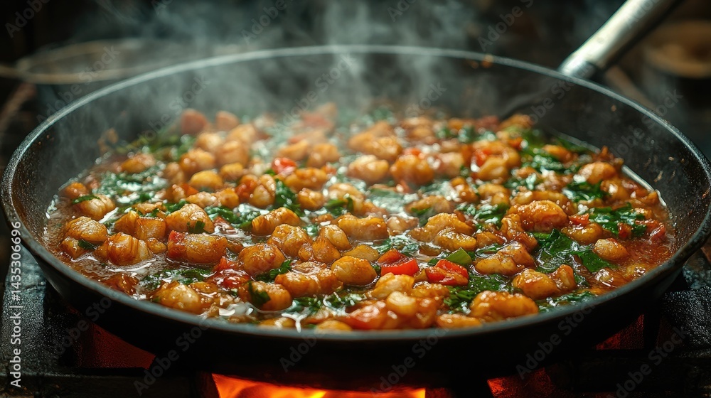 Shrimp and vegetable stir-fry cooking in a hot pan Shrimp and vegetable stir-fry cooking in a hot pan