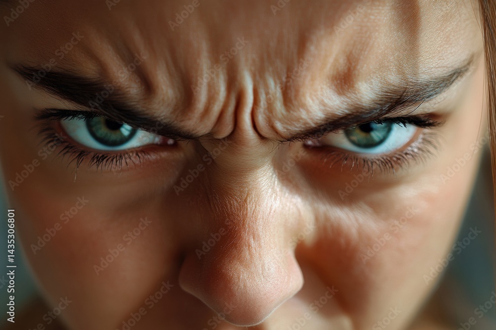 Close-up of young caucasian female expressing intense anger with furrowed brow
