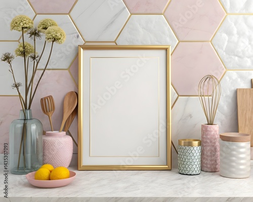 Blank vertical frame mockup with a thin gold border, laced on a clean, modern kitchen countertop with a minimalistic style