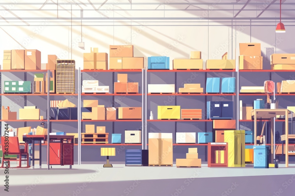 Obraz premium Sunlit warehouse interior with shelves full of cardboard boxes and various goods.