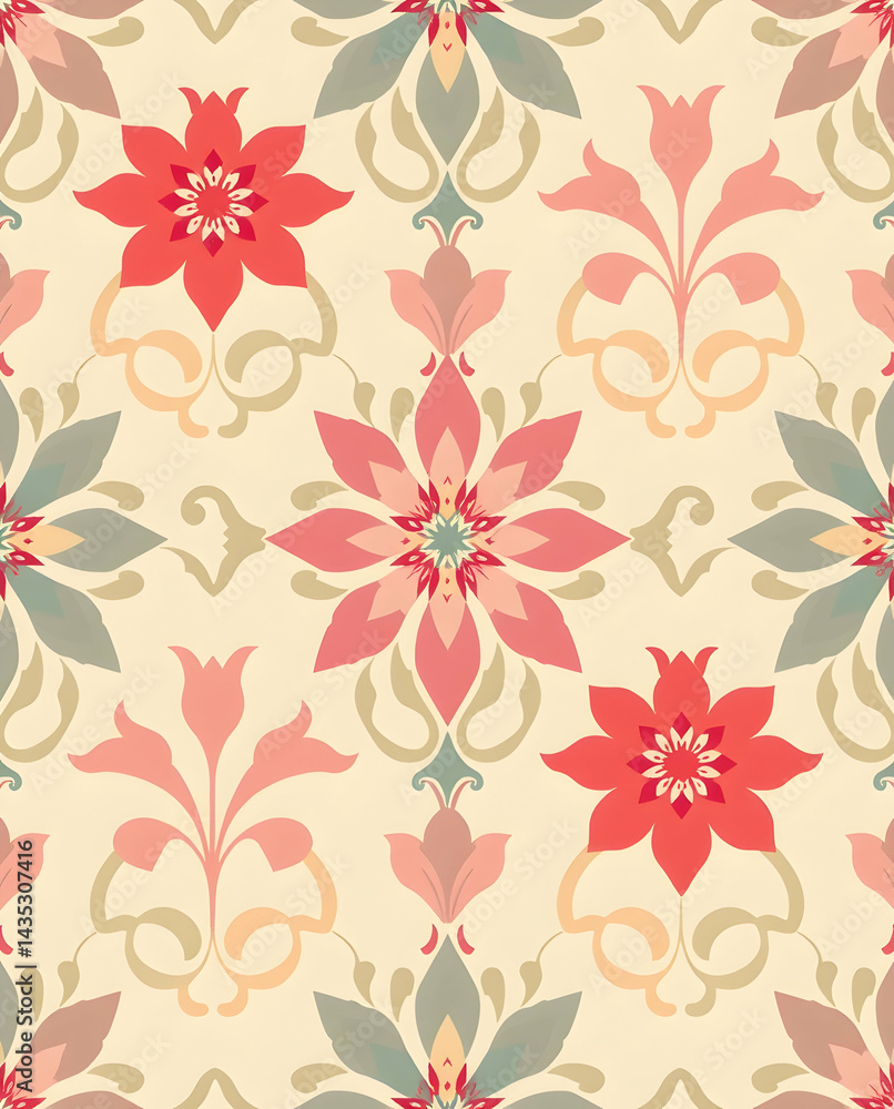 custom made wallpaper toronto digitalVibrant Damask floral with geometric diamonds and pastel tones, seamless pattern.