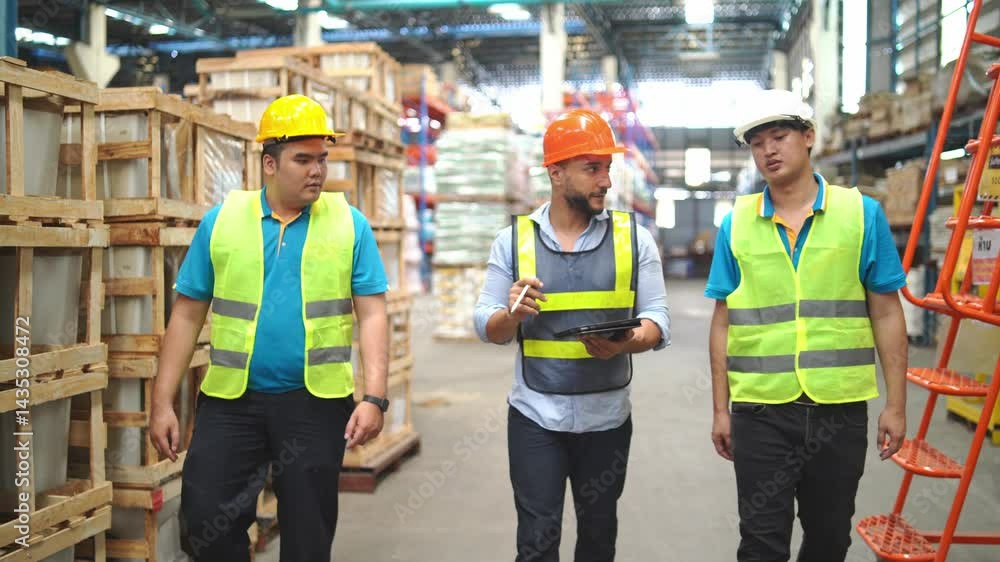 Three Warehouse Workers Collaborating on Safety Procedures and Inventory Management with Digital Devices Three Warehouse Workers Collaborating on Safety Procedures and Inventory Management with Digital Devices