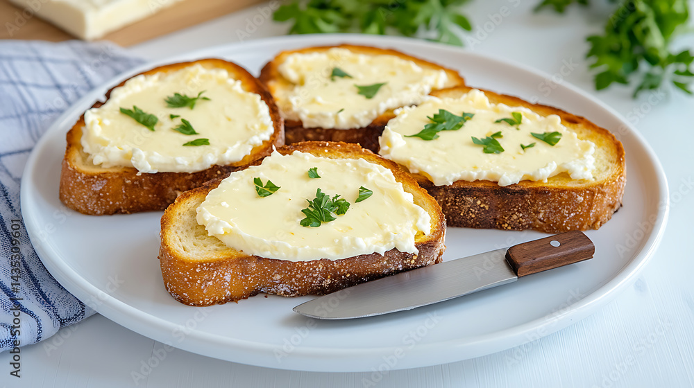 Cream cheese toast with a knife on a white plate. Cream cheese toast with a knife on a white plate.