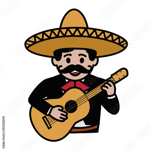 Cartoon Mexican Musician Playing Guitar with Sombrero