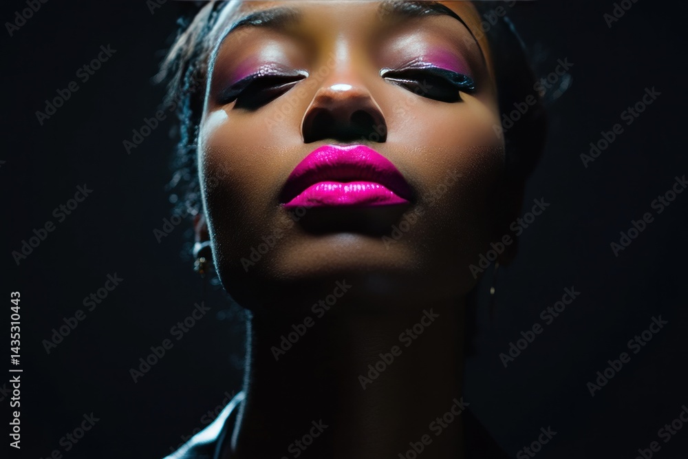 Close-up portrait of a serene Black woman with vibrant pink lipstick and dramatic lighting. Close-up portrait of a serene Black woman with vibrant pink lipstick and dramatic lighting.