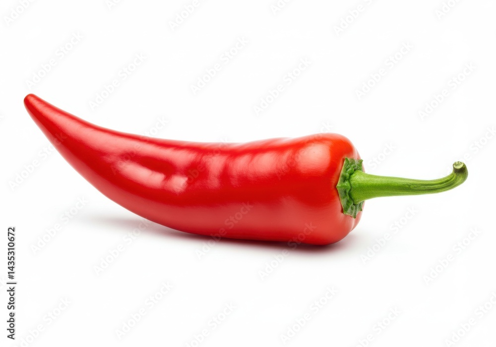 A single red chili pepper with a green stem isolated on white background A single red chili pepper with a green stem isolated on white background