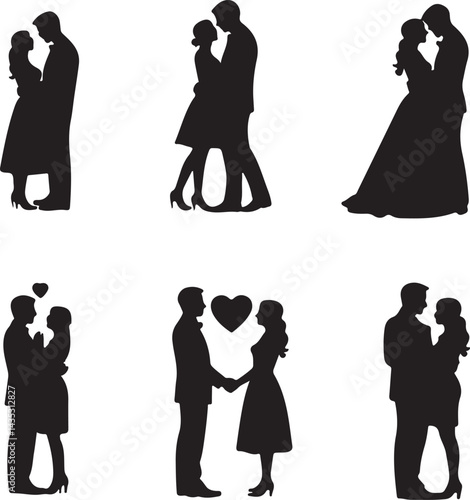 Minimal black and white couple silhouettes holding hands, proposal, first dance, kiss, walking, side by side, heart between, back view, hugging, exchanging rings