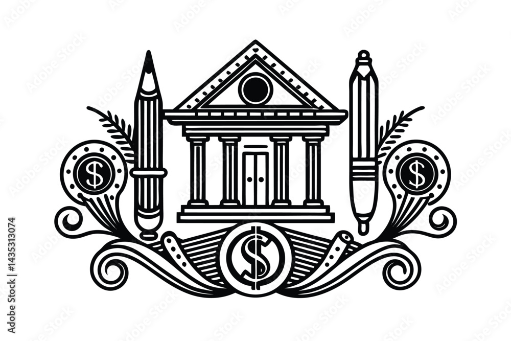 Naklejka premium Victorian style Color Pen Finance Banking Line Symbols
