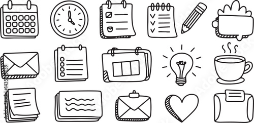Minimal doodle style icons yoga mat, candle, book, tea cup, face mask, sleep mask, bath tub, journal, music notes