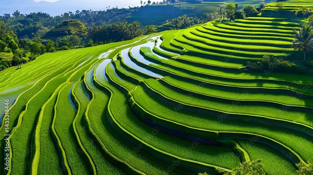 Fototapeta premium Lush Green Rice Terraces Aerial View - Aerial Views/Drone Photography