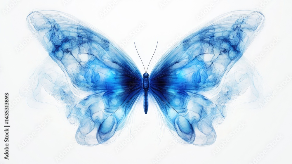 Obraz premium Vibrant Blue Morpho Butterfly on Abstract Watercolor Splash: A stunning blue morpho butterfly with black-edged wings is positioned against a dynamic splash of blue and white watercolor paint 