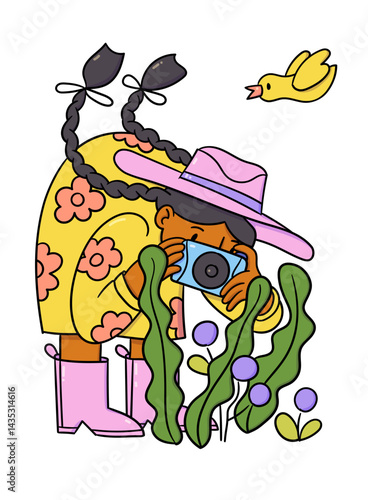 Girl taking pictures of flowers. A person in cowboy hat and boots. Outdoor recreation, hobby. Bold vector illustration.