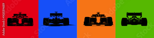 Bold silhouettes of racing cars against vibrant backgrounds showcase speed and excitement