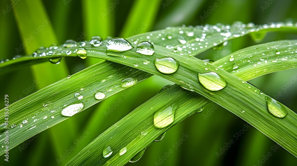 Naklejka premium Dew Drops on Lush Green Grass Blades - Macro photography