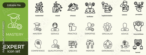 Expert line icon set. Set of 30 outline icons related to talent, skill, aptitude, specialist, thinking, expertise, expert and others. Editable stroke. Vector illustration
