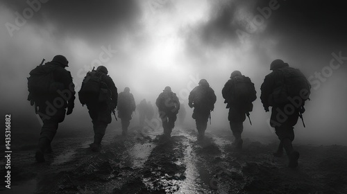 Soldiers marching through a dark, misty landscape