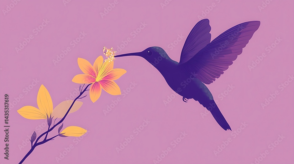 Obraz premium Hummingbird feeding with flower, and purple background.