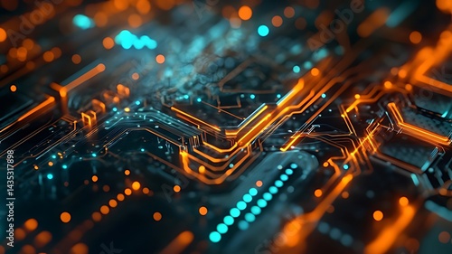 Close-Up of a Glowing Circuit Board , Beautiful wallpaper featuring a high-tech circuit with glowing paths, creating an abstract background and best-seller concept 

