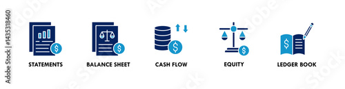 Financial Statements banner web icon illustration concept with icon of statements, balance sheet, cash flow, equity, and ledger book