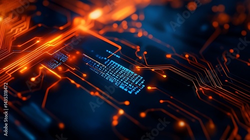 Futuristic digital circuit board with glowing orange lines and blue technology background, A digital background featuring financial charts and graphs, representing stock market data ori bocha grid