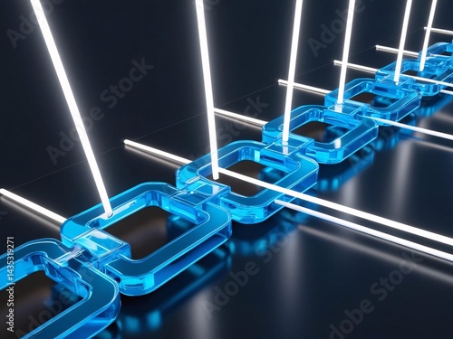 Blue Glass Chain Links Connected by Glowing White Bars on Dark Surface