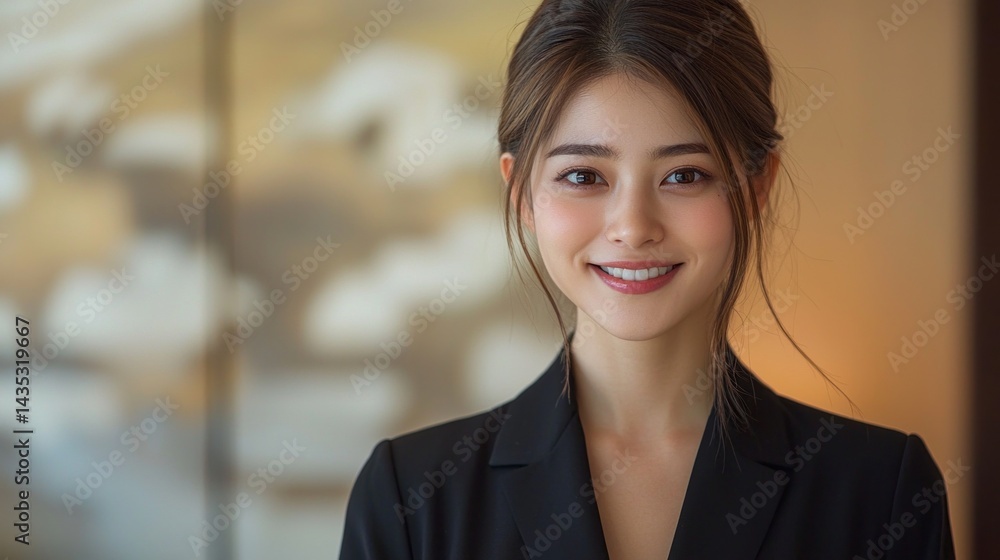 A woman in a black suit is smiling and looking at the camera A woman in a black suit is smiling and looking at the camera