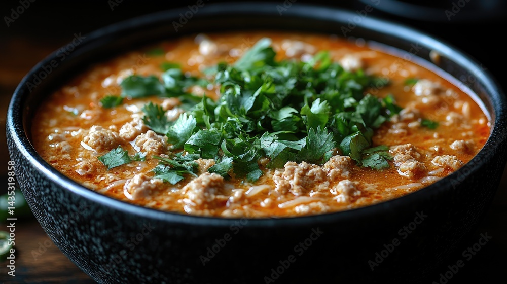 Spicy pork noodle soup in a dark bowl. A vibrant, flavorful dish topped with fresh cilantro Spicy pork noodle soup in a dark bowl. A vibrant, flavorful dish topped with fresh cilantro