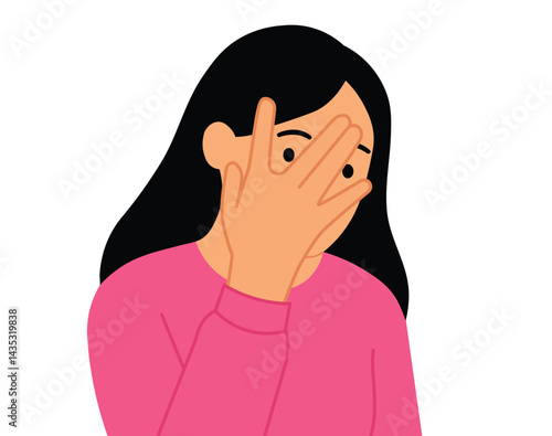 Shy Timid Girl Covering Face Peeking Through Fingers Embarrassed Cute Character Illustration