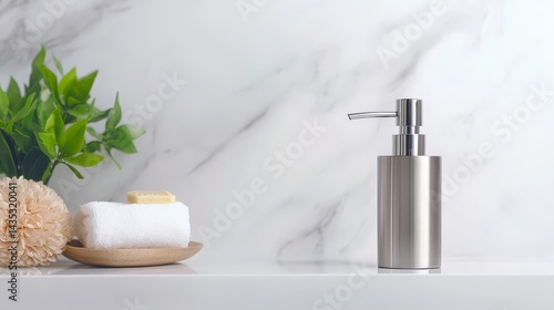 A modern bathroom scene featuring a soap dispenser, towels, a wooden tray, and decorative elements against a marble backdrop.