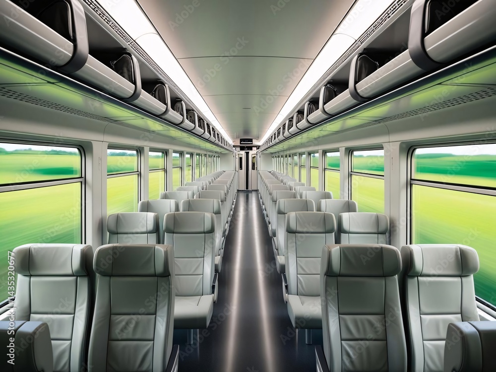Modern Train Interior with Seats and Blurred Green Landscape Modern Train Interior with Seats and Blurred Green Landscape