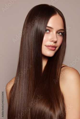 Portrait of a beautiful woman with long shiny brown hair showcasing hair care and beauty concept elegant style clean background soft lighting