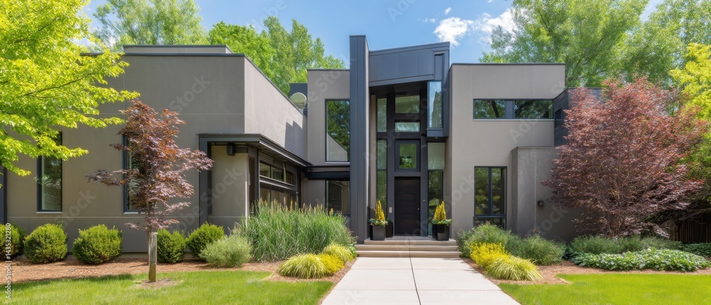 Fototapeta premium Modern Home Exterior with Lush Greenery and Contemporary Design under Bright Blue Sky Creates a Serene and Inviting Atmosphere Showcasing Architectural Beauty