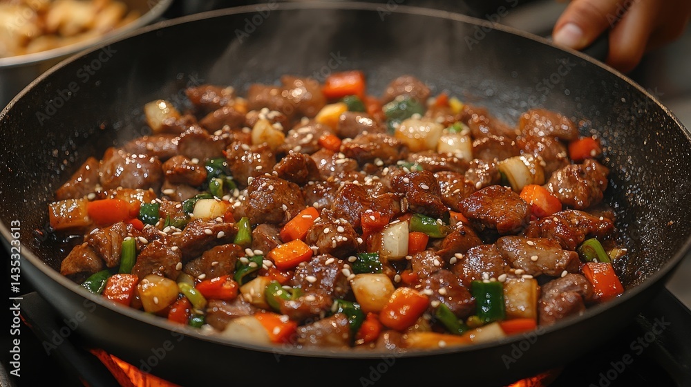 Stir-fried beef with vegetables in a pan Stir-fried beef with vegetables in a pan