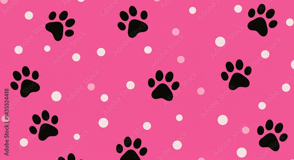 Fototapeta premium Pink Paws And Polka Dots Paw Prints On Pink Happy Paws Pattern Black Paws Pink Dots Pretty Pink Paw Prints A Pink Paw Print Dream Sweet Pink Paw Pattern AI Generated