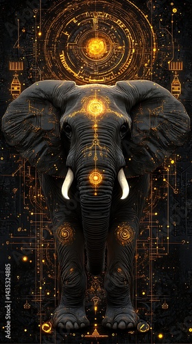 Digital elephant stands tall against a circuit background, showcasing futuristic design art