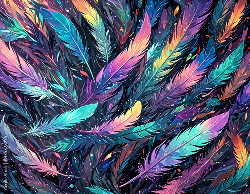 Abstract bird feathers with iridescent colors and shimmering effect.