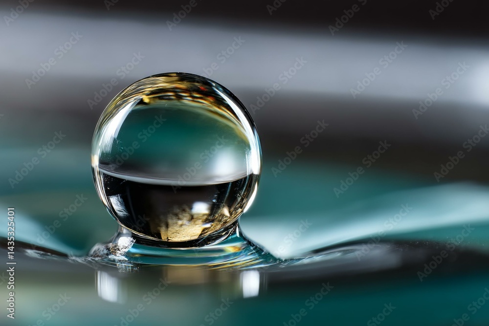 Abstract droplet resting on serene teal surface, showcasing reflections, refraction and surface tension dynamics, emphasizing fluid properties Abstract droplet resting on serene teal surface, showcasing reflections, refraction and surface tension dynamics, emphasizing fluid properties