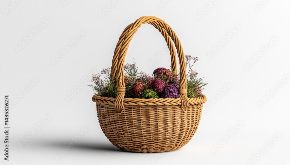 Woven basket filled with colorful flowers and greenery against a plain backdrop Woven basket filled with colorful flowers and greenery against a plain backdrop