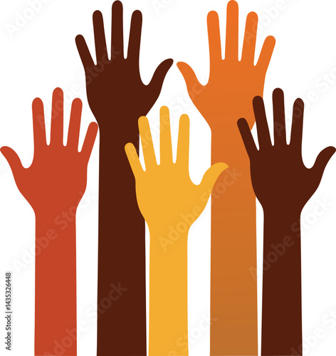 Vector illustration of human hands, a group of people raising their arms in a silhouette style, suggesting volunteer work and charity