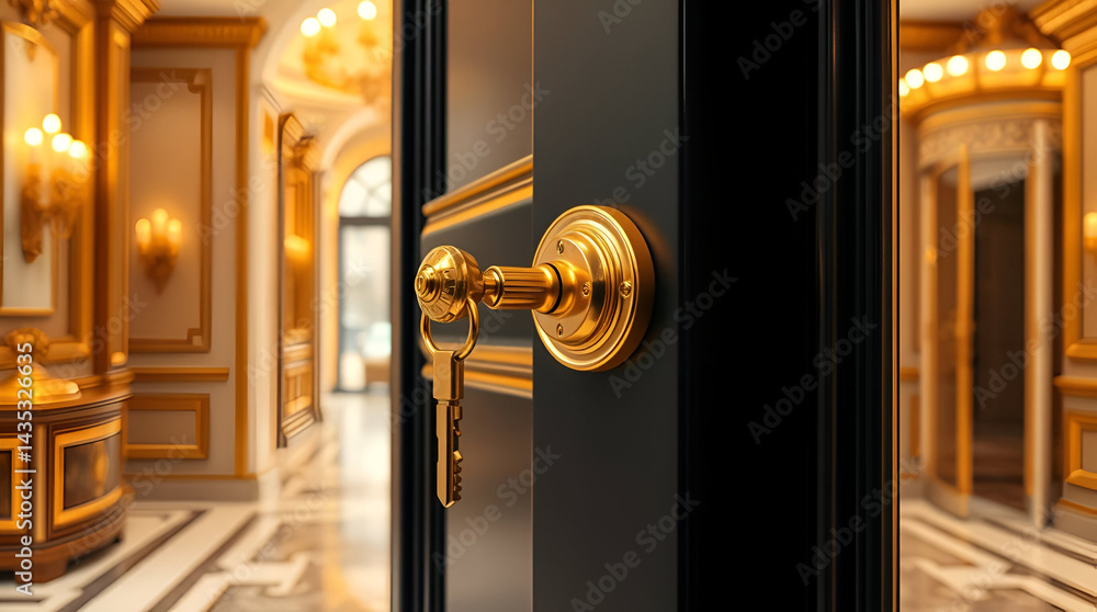 Golden Key on The Door, Golden house key chain hangs on dark green door. Keys, small model house attached., Generative Ai Golden Key on The Door, Golden house key chain hangs on dark green door. Keys, small model house attached., Generative Ai