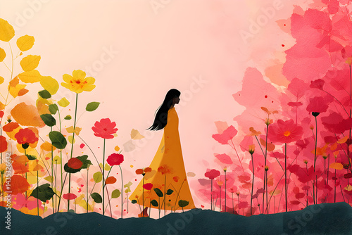Illustration of a woman walking through a field of flowers, minimalist style.

