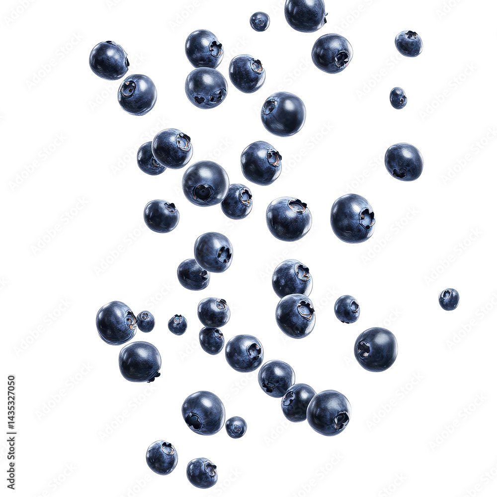 Falling blueberries create a refreshing cascade against a bright white background, Falling blueberries isolated on white background